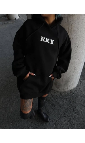 Uzun Kol Kapüşonlu Göğüs Baskılı SweatShirt - Siyah