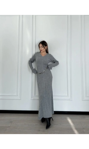 V Yaka Fitilli Uzun Elbise- Gri