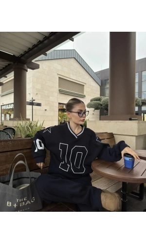 V Yaka Üç İplik Sweat Takım - Siyah