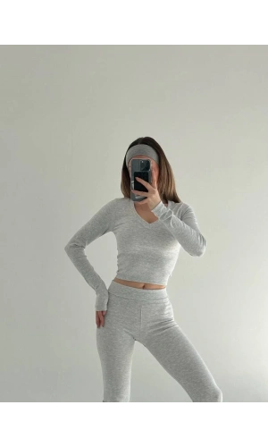 V yaka uzun kollu bluz İspanyol paçalı tayt İkili Takım - Gri