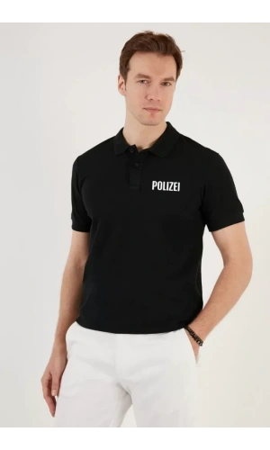 Yakası Düğmeli Yakalı Pike Baskılı T-Shirt - Siyah