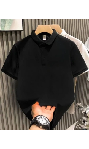 Yakası Düğmeli Yakalı Pike Düz T-Shirt - Siyah