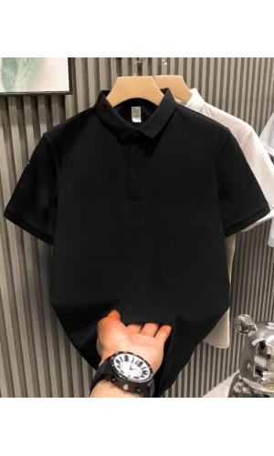 Yakası Düğmeli Yakalı Pike Düz T-Shirt - Siyah