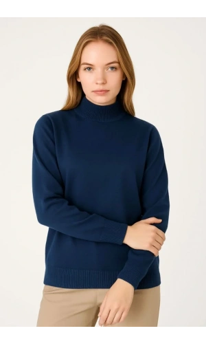 Yarım Boğaz Triko Kazak Yumuşak Dokulu Pamuklu Ince Dokuma, Uzun Kollu Rahat Regular Kalıp - Lacivert