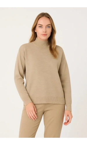 Yarım Boğaz Triko Kazak Yumuşak Dokulu Pamuklu Ince Dokuma, Uzun Kollu Rahat Regular Kalıp - Bej