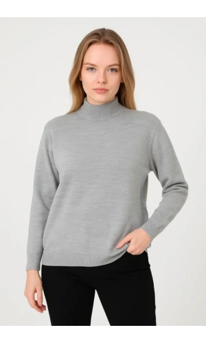 Yarım Boğaz Triko Kazak Yumuşak Dokulu Pamuklu Ince Dokuma, Uzun Kollu Rahat Regular Kalıp - Gri