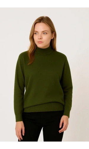 Yarım Boğaz Triko Kazak Yumuşak Dokulu Pamuklu Ince Dokuma, Uzun Kollu Rahat Regular Kalıp - Haki