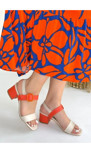 Year Bej Cilt Turuncu Detaylı Turuncu Topuklu Topuklu Ayakkabı