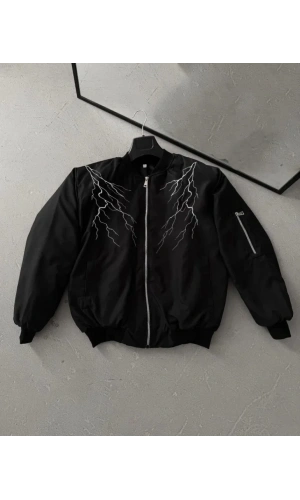 Yıldırım Baskılı Uzun Kol Bomber Ceket - Siyah