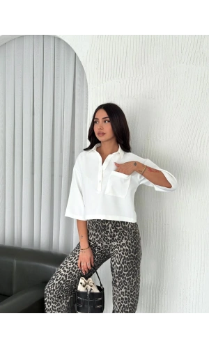 Z Krep Kadın Crop Yakalı Gömlek İlik Düğmeli Üç Çeyrek Sleeve Kol - Beyaz