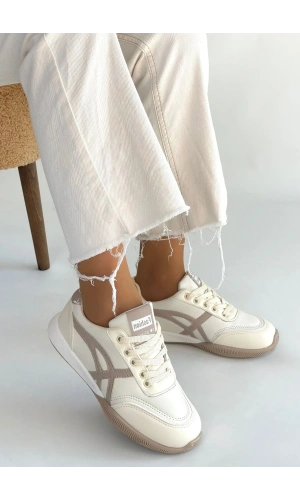 Zlay Bej Cilt Vizon Detaylı Bağcıklı Spor Ayakkabı