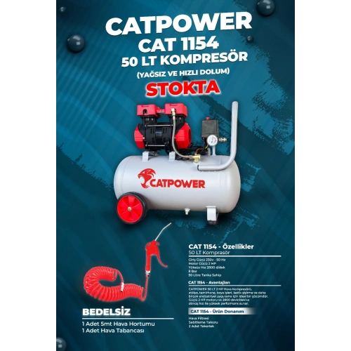 CATPOWER 1154 SESSİZ VE YAĞSIZ KOMPRESÖR 2HP 50LT + ( HEDİYE HAVA TABANCASI VE HAVA HORTUM )