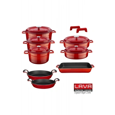 Lava Döküm Sekizli Tencere Tava Seti Trendy Kırmızı (Silikon Tutacak Hediyeli)