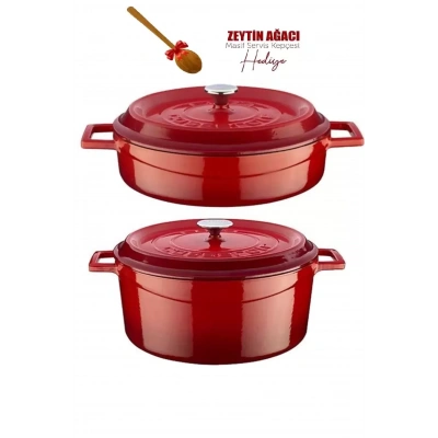 Lava Yuvarlak 5 Parça Derin ve Sığ Döküm Tencere Seti-Kırmızı