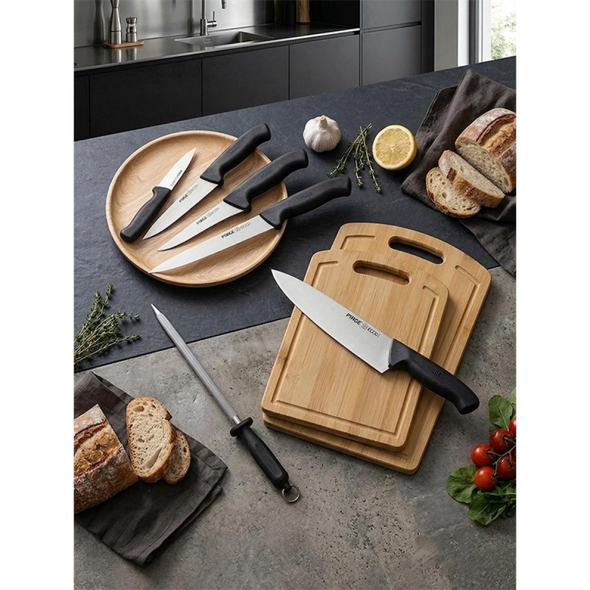 Pirge Kobe 13 Parça Bıçak Seti & Kesme Tahtası Hediyeli