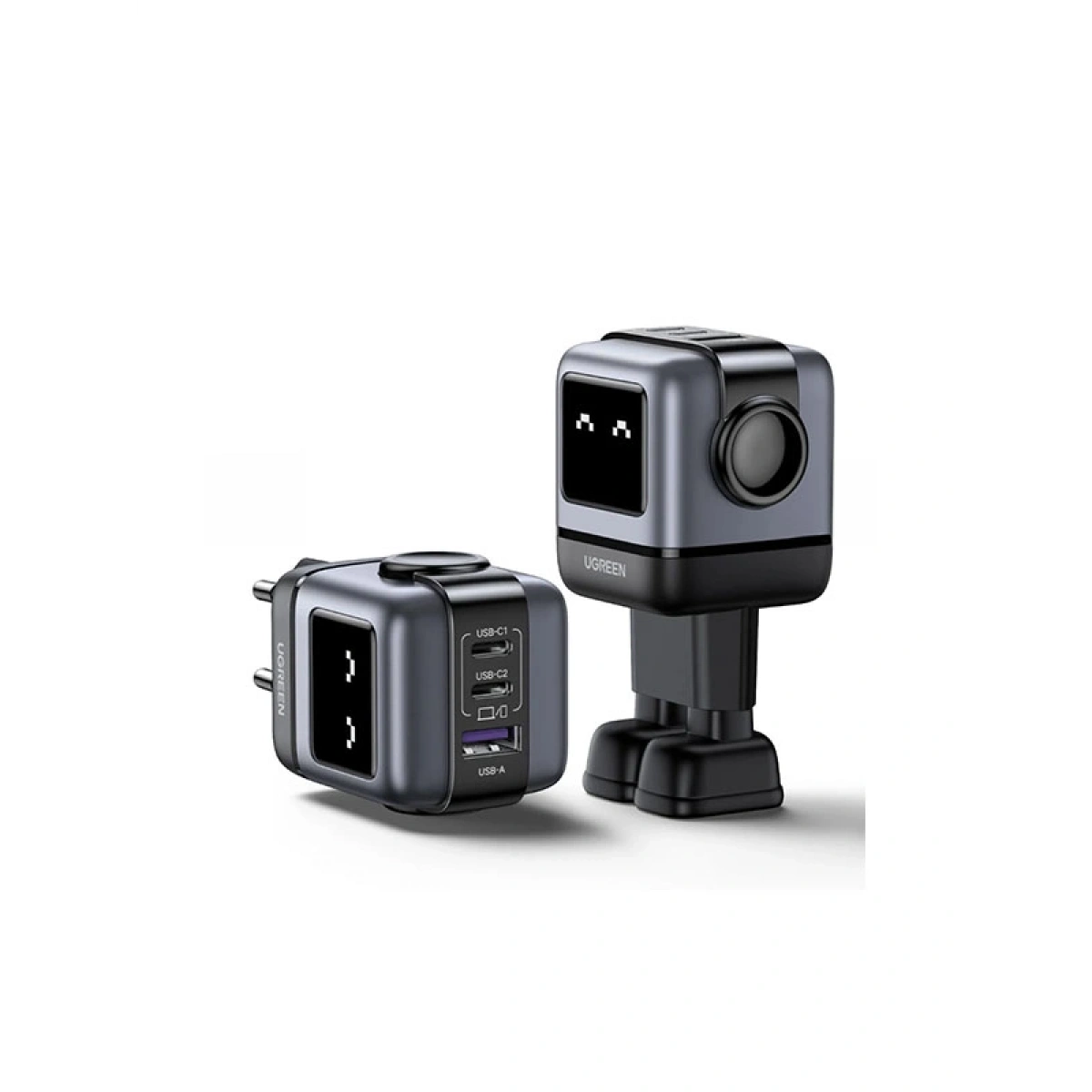 Ugreen Nexode Uno 65W Robot GaN Hızlı Şarj Cihazı 2xUSB-C, 1xUSB-A, Gri