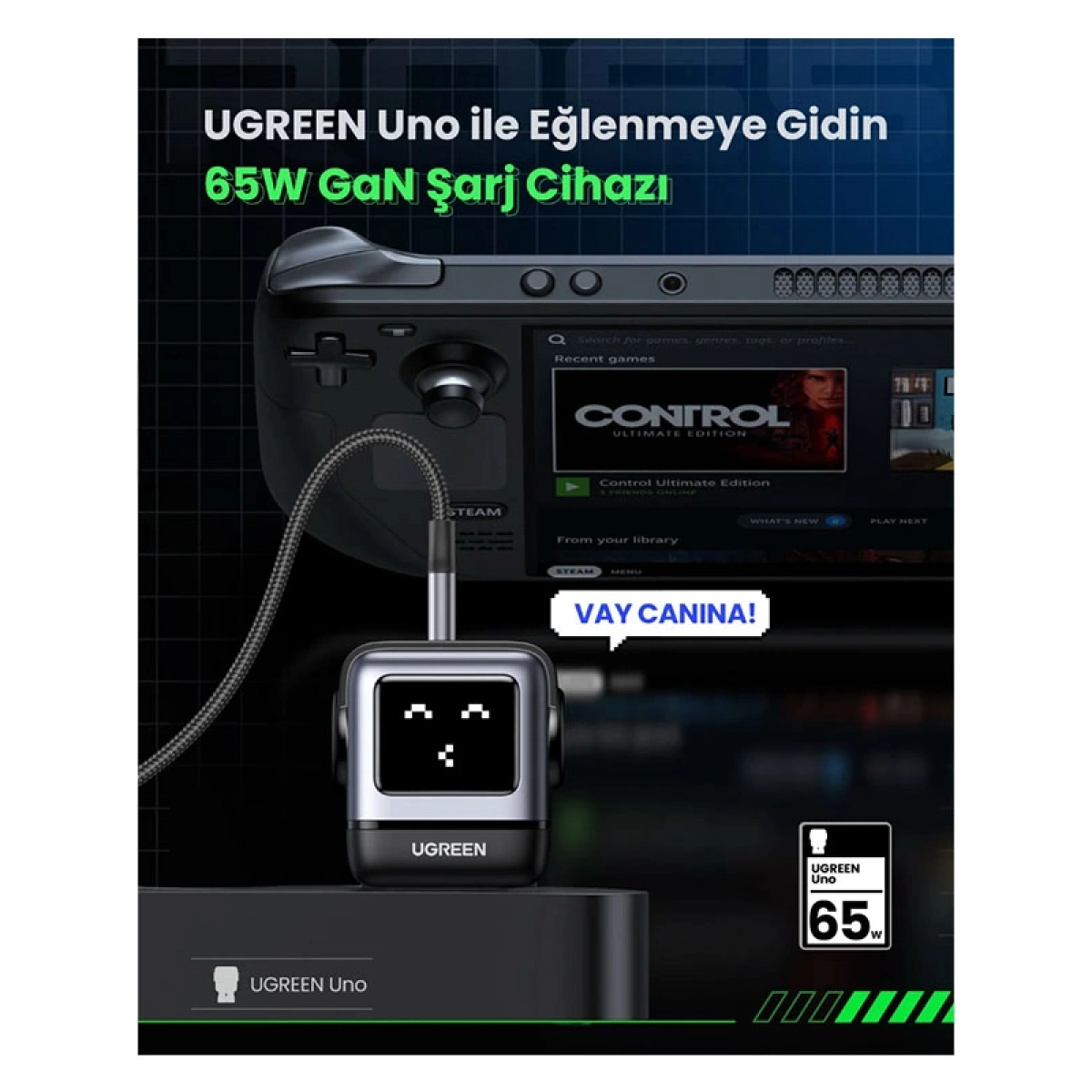 Ugreen Nexode Uno 65W Robot GaN Hızlı Şarj Cihazı 2xUSB-C, 1xUSB-A, Gri