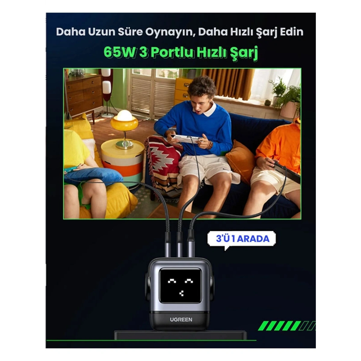 Ugreen Nexode Uno 65W Robot GaN Hızlı Şarj Cihazı 2xUSB-C, 1xUSB-A, Gri
