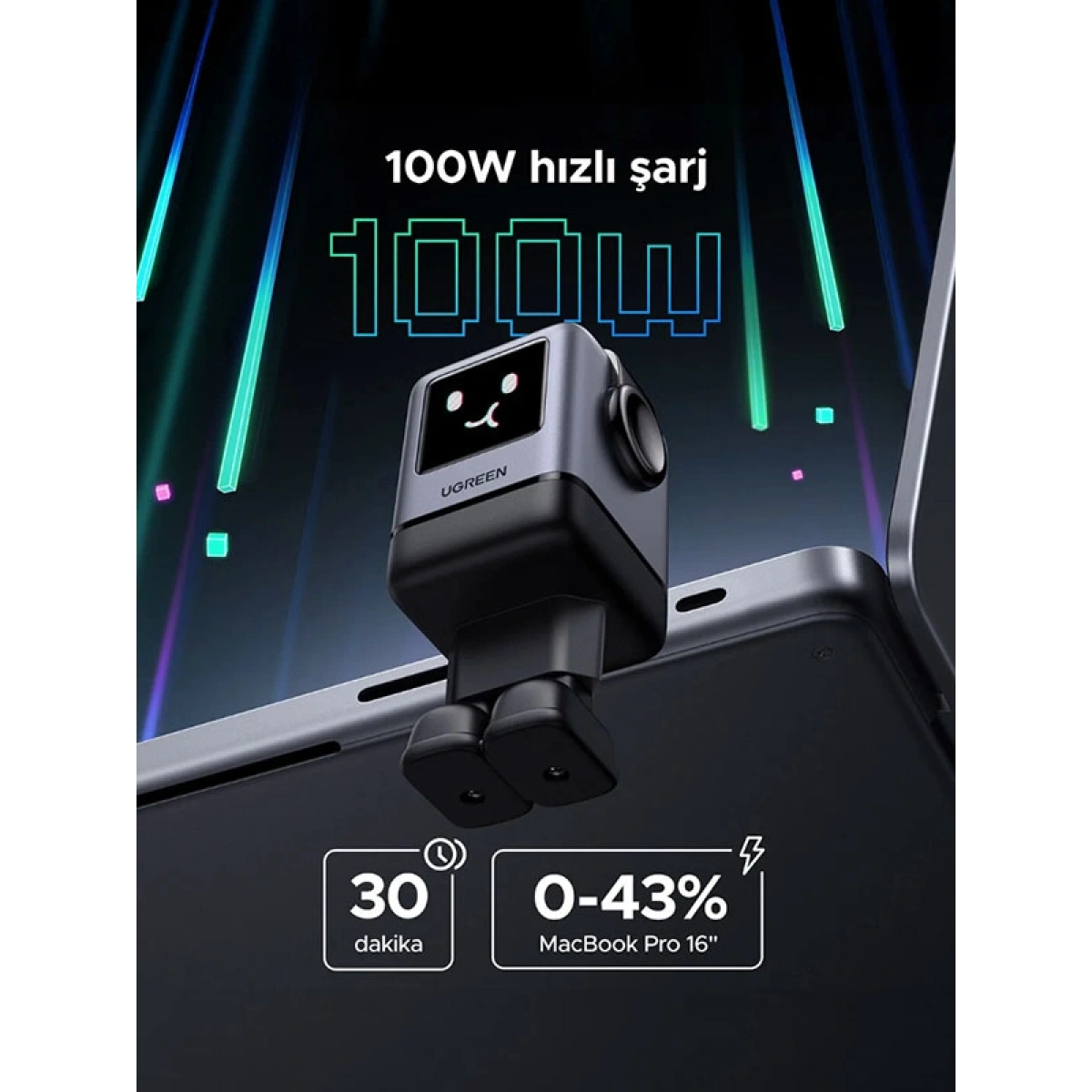 Ugreen Nexode Uno 100W Robot GaN Hızlı Şarj Cihazı 3xUSB-C, 1xUSB-A, Gri