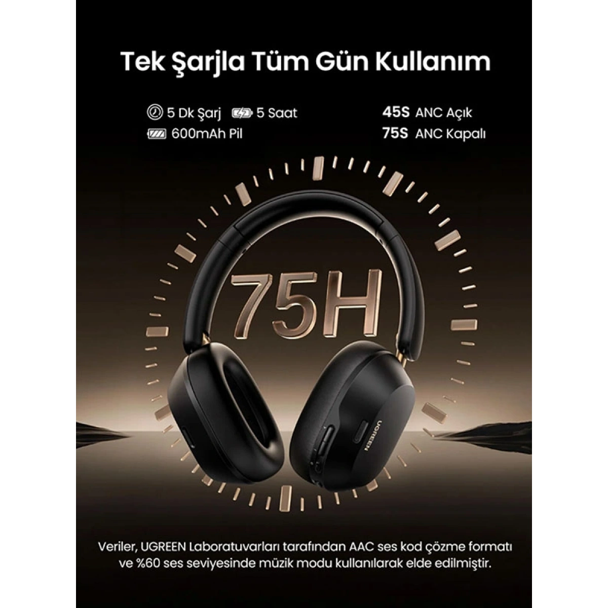 Ugreen HiTune Max5c Hibrit Aktif Gürültü Engelleyici Kablosuz Kulak Üstü Kulaklık, Siyah