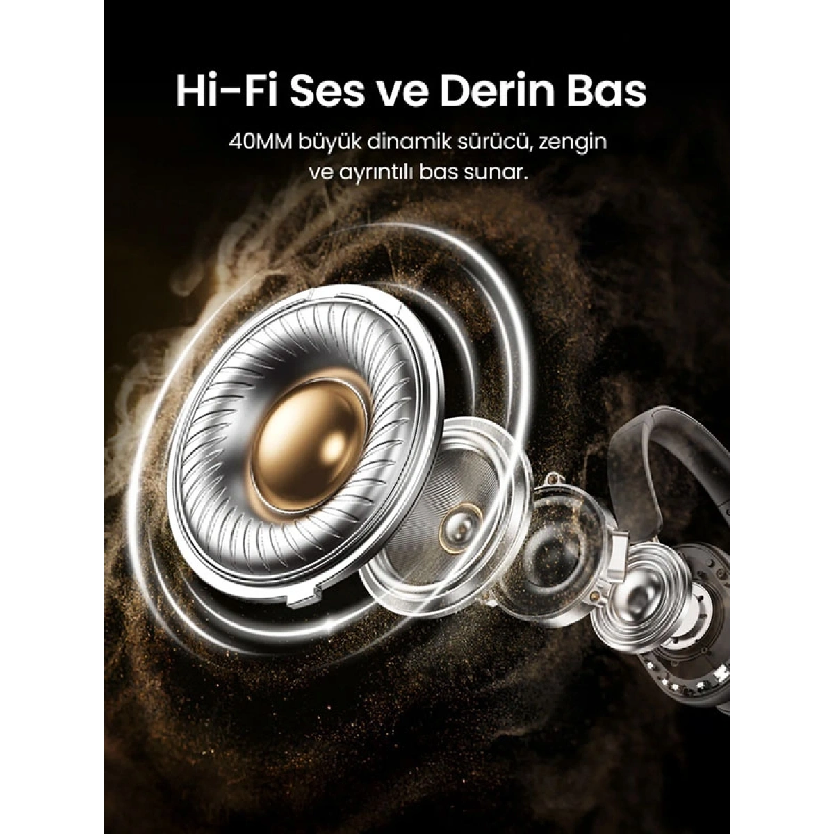 Ugreen HiTune Max5c Hibrit Aktif Gürültü Engelleyici Kablosuz Kulak Üstü Kulaklık, Siyah