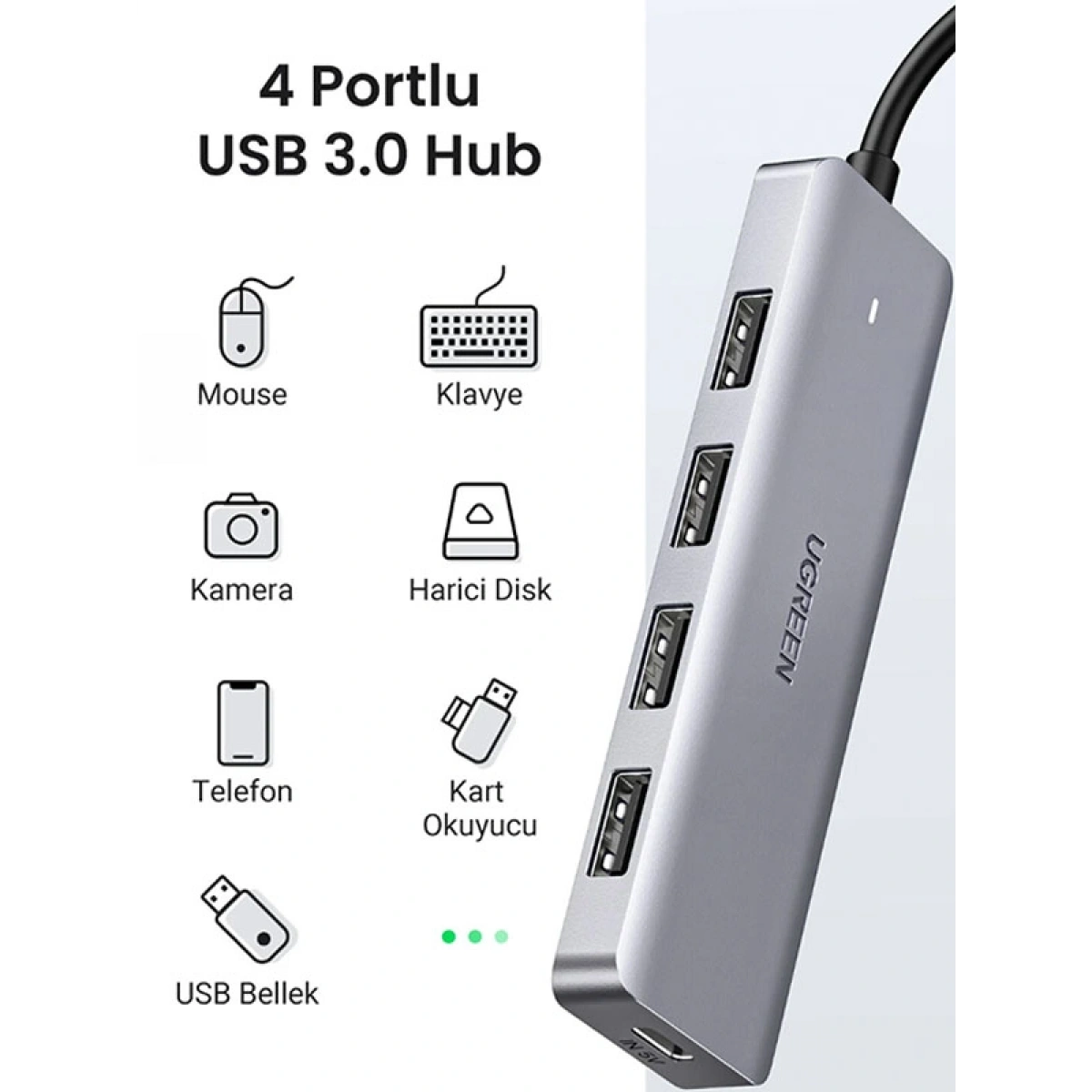 Ugreen USB-C USB 3.0 4 Port USB Hub Çoklayıcı, Gri