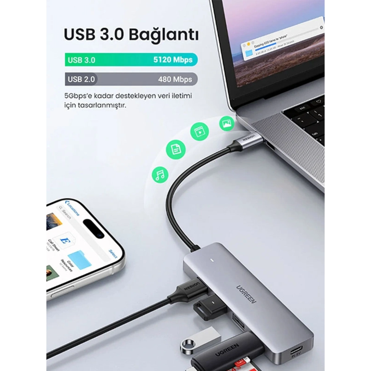 Ugreen USB-C USB 3.0 4 Port USB Hub Çoklayıcı, Gri