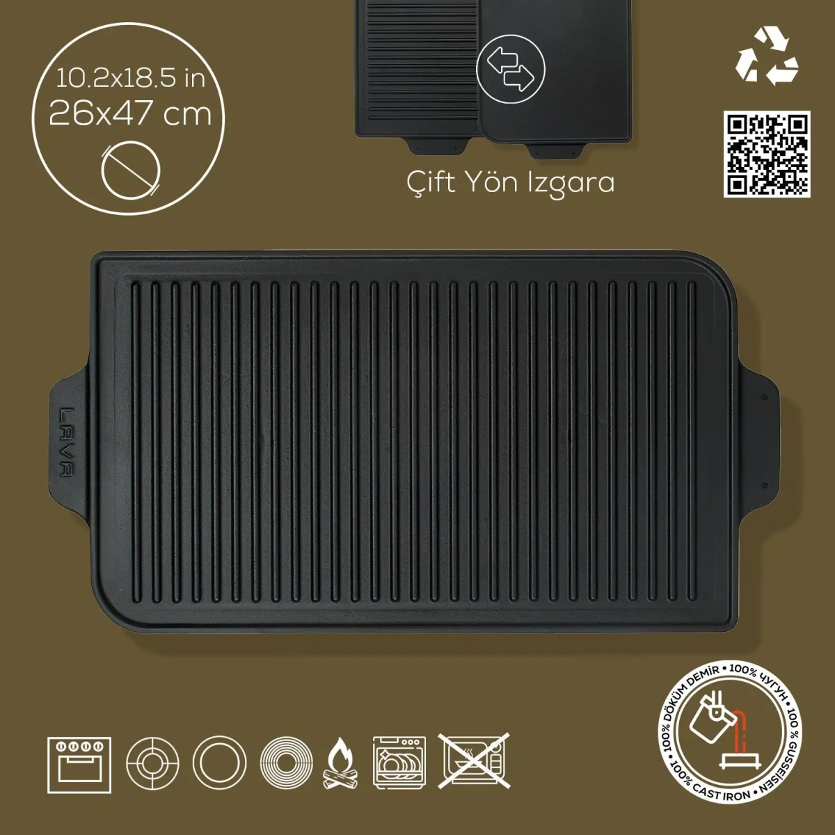 Lava Döküm Dikdörtgen Izgara Çift Yön Hot Plate Döküm Demir Yekpare Çift Kulplu Ölçü 26x47cm