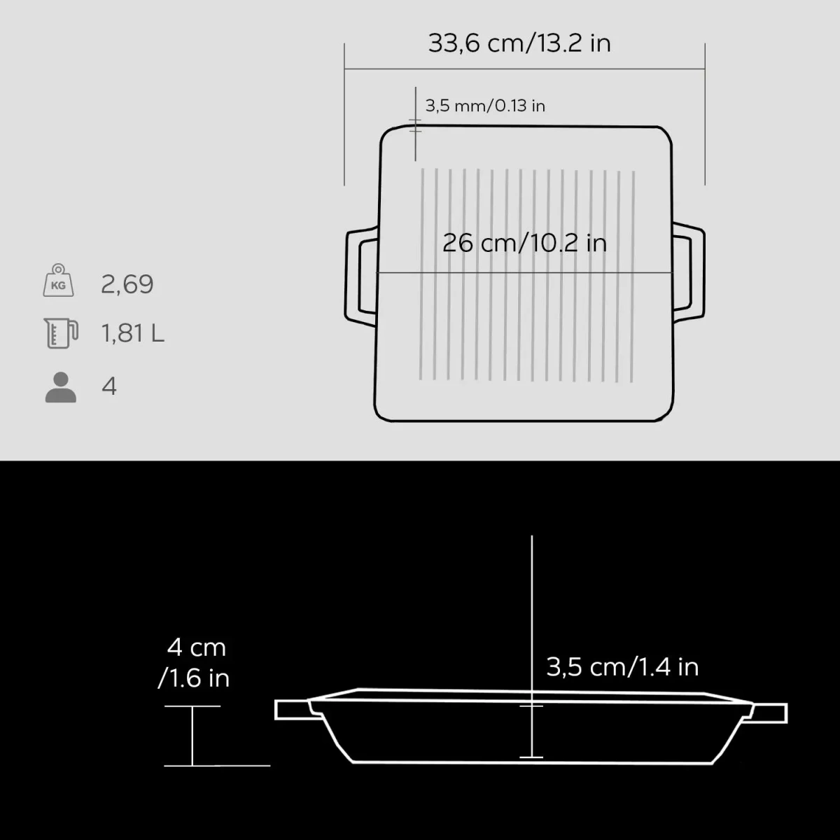 Lava Döküm Kare Izgara Tavası Döküm Demir Yekpare Çift Kulplu Ölçü 26x26cm