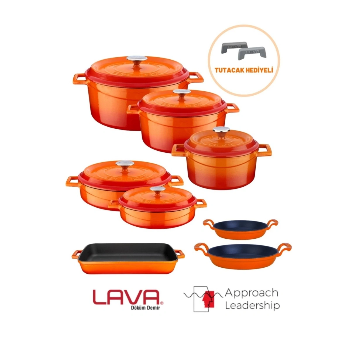 Lava Döküm Sekizli Tencere Tava Seti Trendy Turuncu(Silikon Tutacak Hediyeli)
