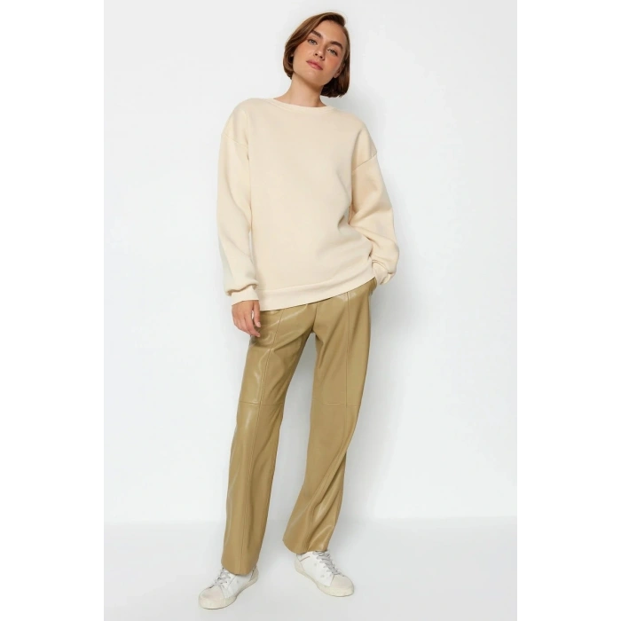 3 iplik şardonlu bisiklet yaka sweatshirt bej