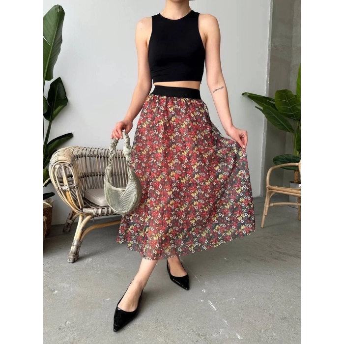 Baskılı astarlı uzun etek