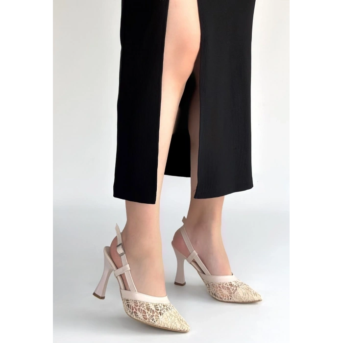 Ceta Bej Cilt Tül Detaylı Topuklu Ayakkabı