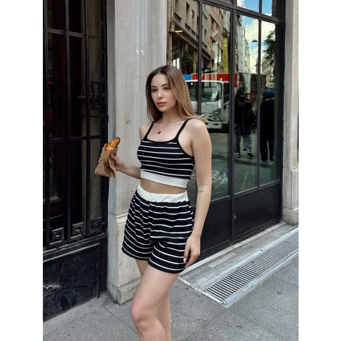 Çizgili şortlu takım siyah s3978
