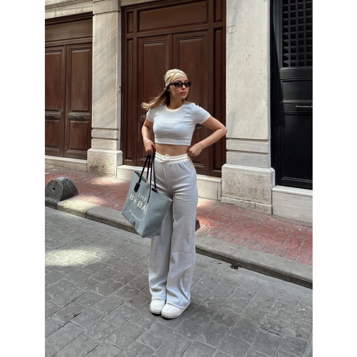 Crop pantolon biyeli takım gri