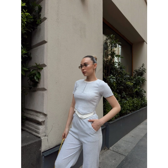 Düğme yakalı gri alt üst takım s3943