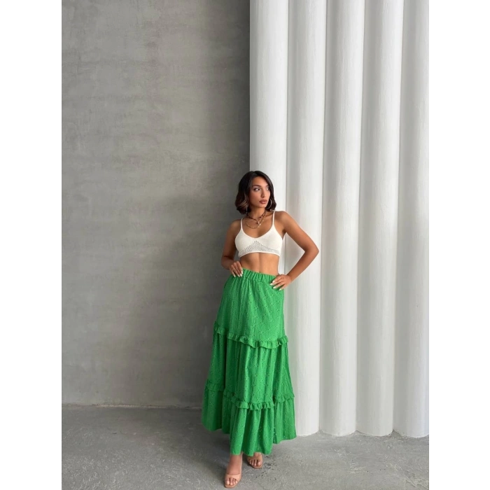 Fırfırlı brodeli astarlı uzun etek yeşil s255047
