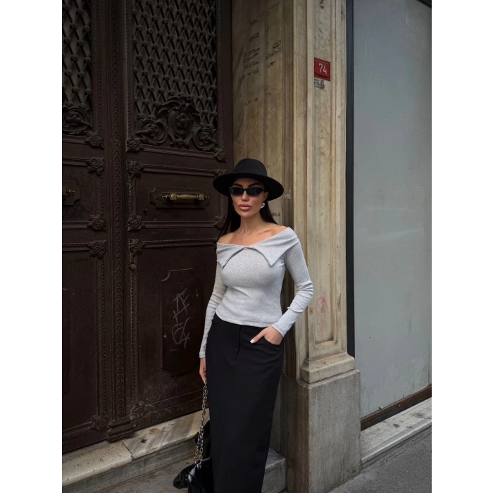 Kelebek yaka uzun kol bluz Gri