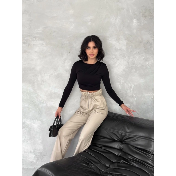Kendinden ince kemerli deri pantolon bej t1178