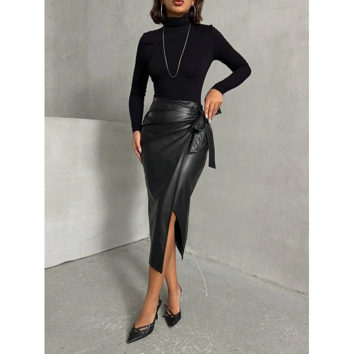 Kuşaklı uzun deri etek siyah h26414