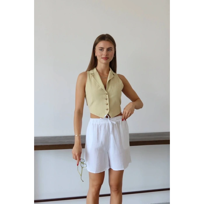 Müslin kumaş şort bağcıklı beyaz pt