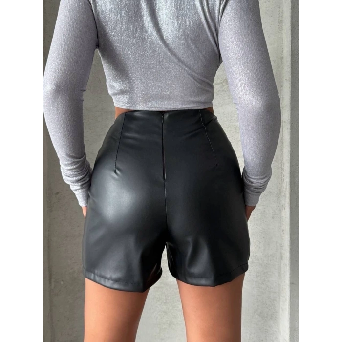 Parçalı cepli deri şort siyah w26312