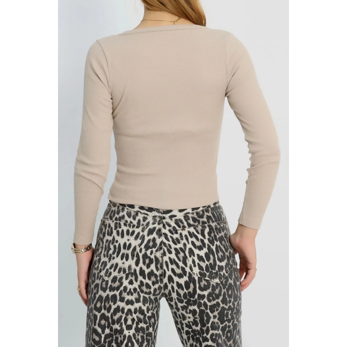 V yaka kaşkorse bluz bej a3699