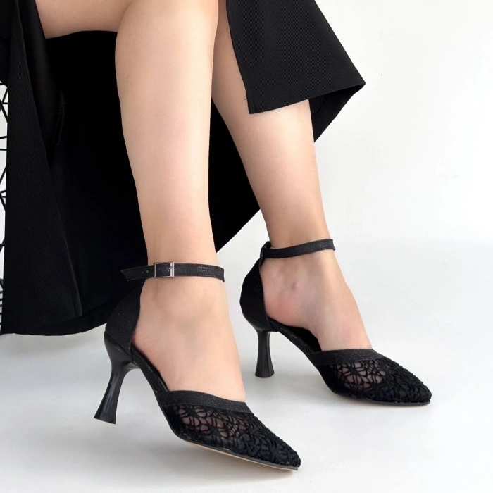 Weja Siyah Cilt Tül Detaylı Topuklu Ayakkabı