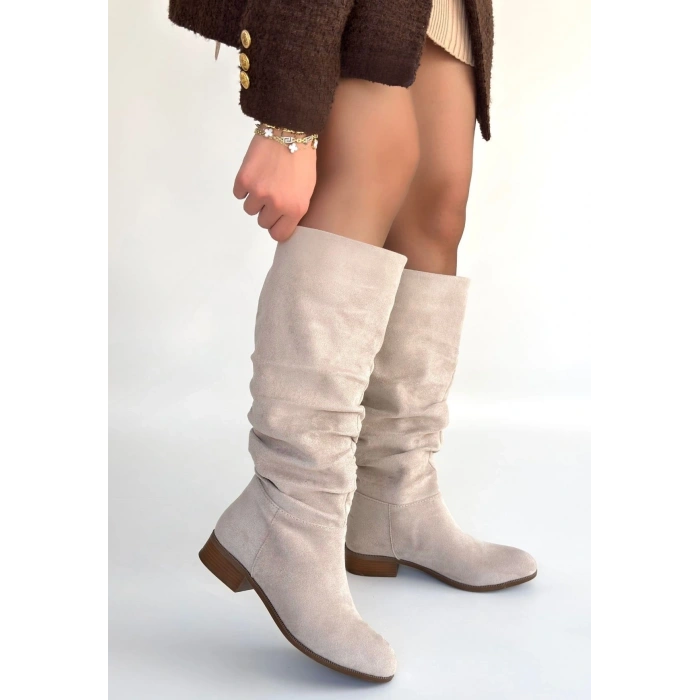 Winda Bej Süet Körüklü Topuklu Çizme