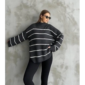 Çizgili ispanyol kol triko boğazlı kazak antrasit elf