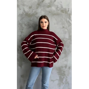 Çizgili ispanyol kol triko boğazlı kazak bordo elf