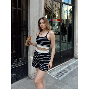 Çizgili şortlu takım siyah s3978