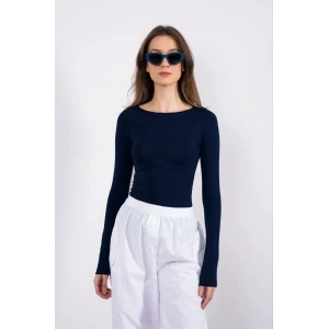 Kayık yaka uzun kollu bluz lacivert pt