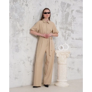 Kuşaklı gömlek yaka salaş tulum bej s255822